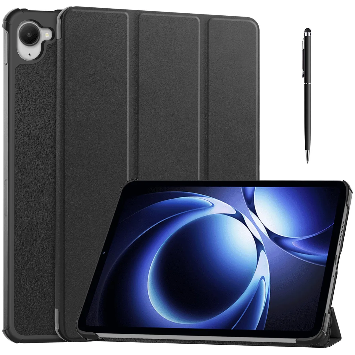 Black trifold case for 8.8 inch tablet with stylus pen