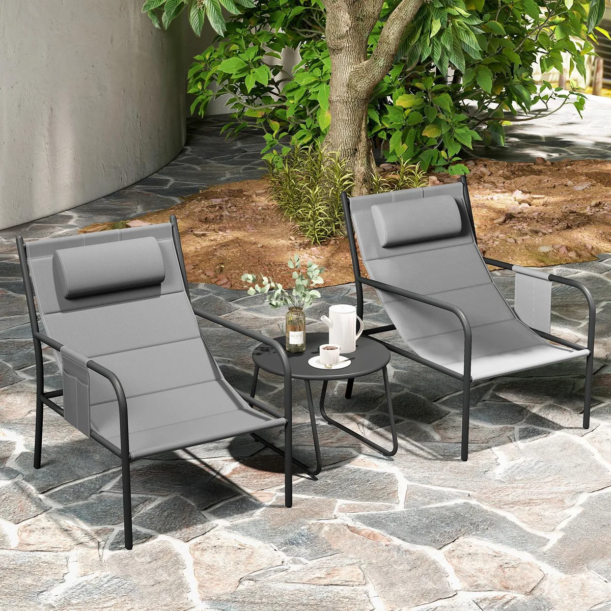 Grey three-piece metal bistro set with two chairs and a coffee table