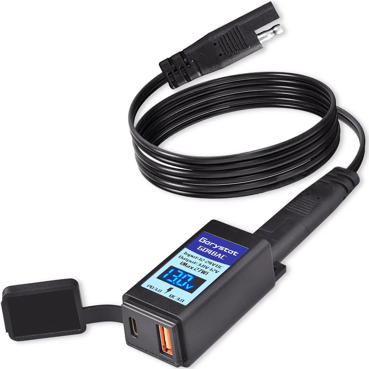  Garystat G048AC Motorcycle USB-C Charger 27W Dual Port SAE Adapter with Voltmeter/Ammeter — product photo