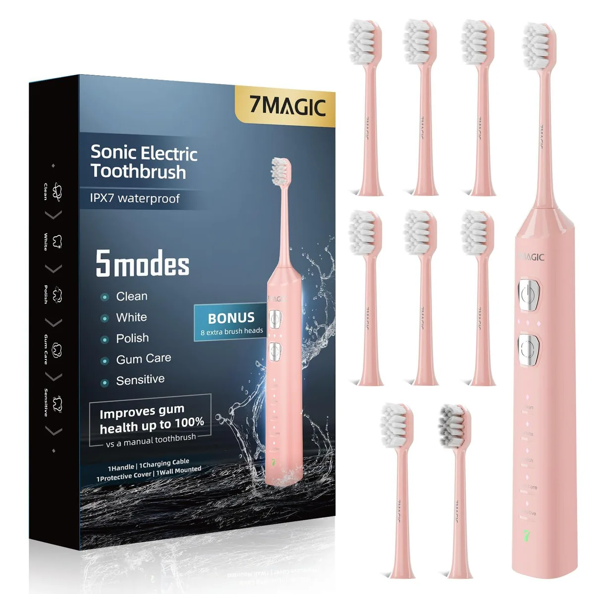  7MAGIC D36 Pink Sonic Electric Toothbrush 42000 VPM 180-Day Runtime 8 Heads — product photo