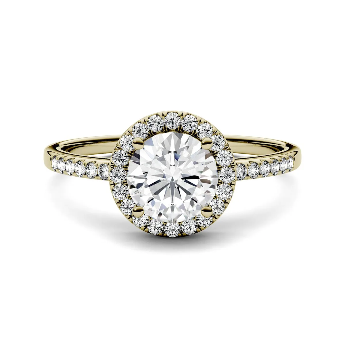 Charles &amp; Colvard Charles &amp; Colvard 6.5mm Round Halo Moissanite Engagement Ring 14K Yellow Gold Size 4 1.30cttw DEW — product photo