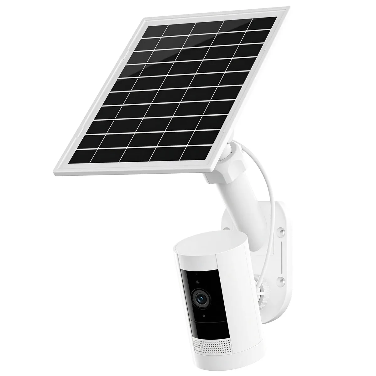 White rectangular solar panel on adjustable bracket with integrated camera mount and strap