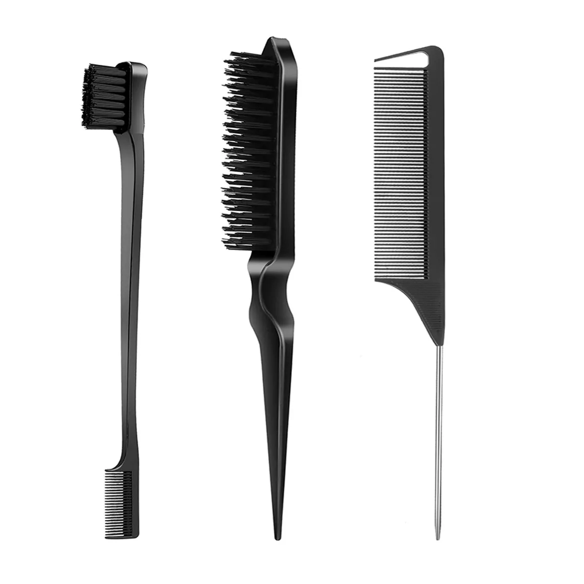 Three-piece hair styling set with bristle brush, rat-tail comb and double-sided edge brush