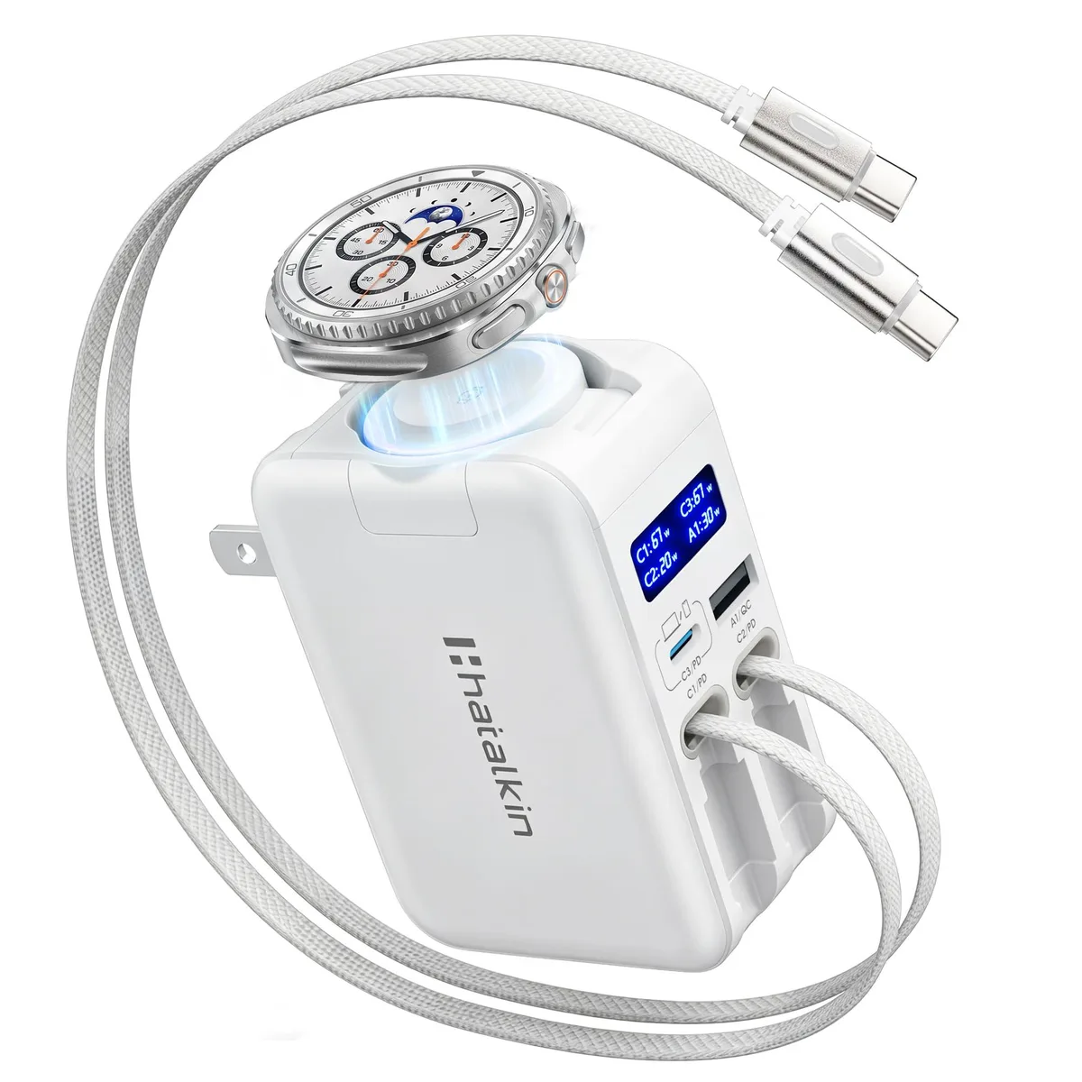White rectangular wall charger with two retractable cables and three USB ports, foldable prongs, LED display