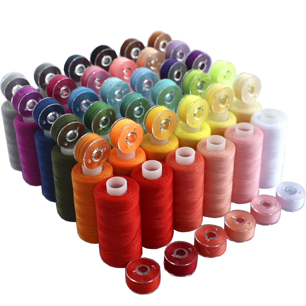 Open carton box holding 36 spools and 36 matching bobbins in assorted colours