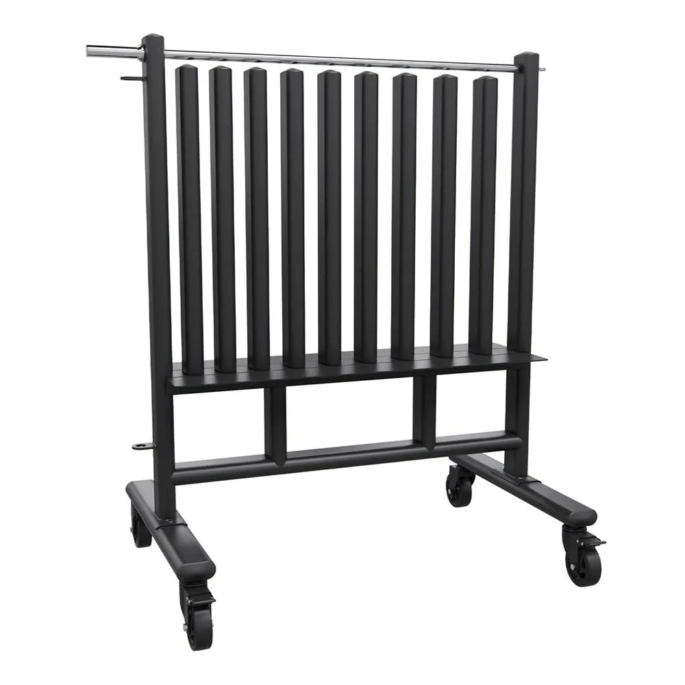 A large steel dumbbell rack with four shelves and locking bar on casters