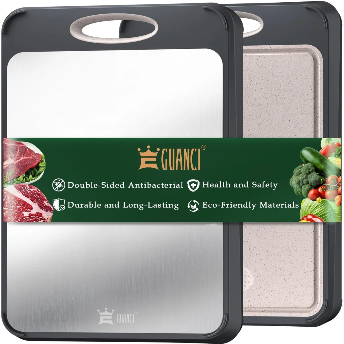  GUANCI 2-in-1 Cutting Board 304 Stainless Steel &amp; Wheat Straw PP 16×11 in — product photo