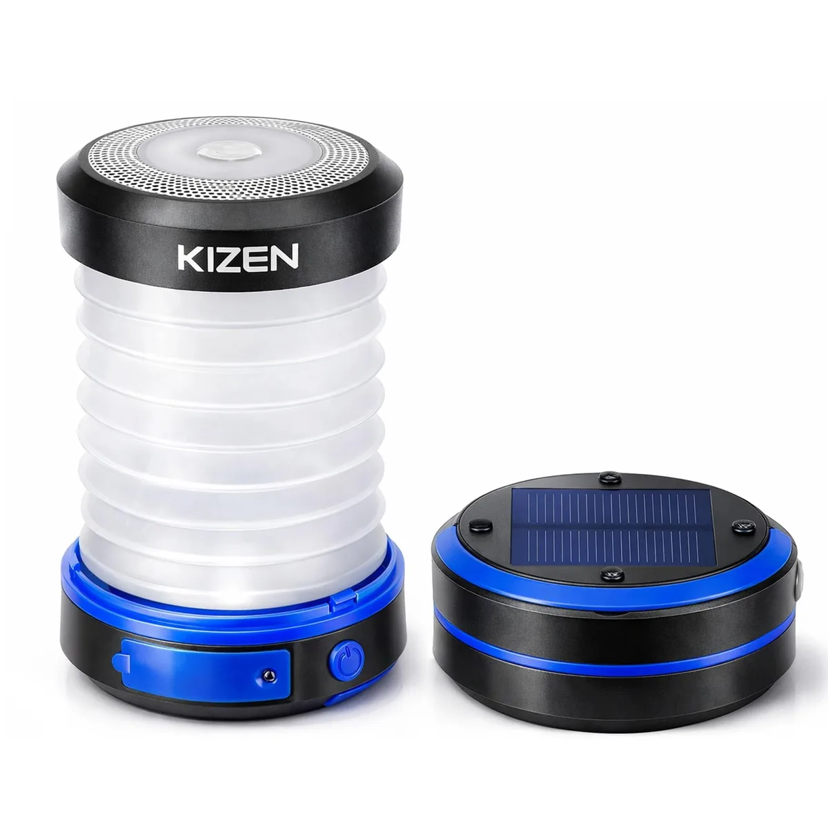 Black collapsible solar lantern, puck-sized when folded, integrated hanging loop, USB port visible