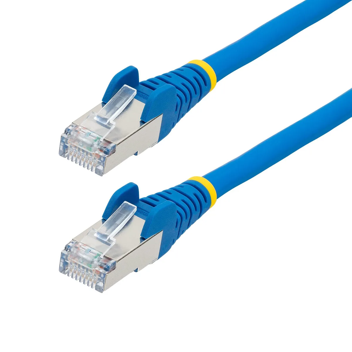 Blue six-inch Cat6a Ethernet patch cable with snagless RJ-45 connectors on both ends