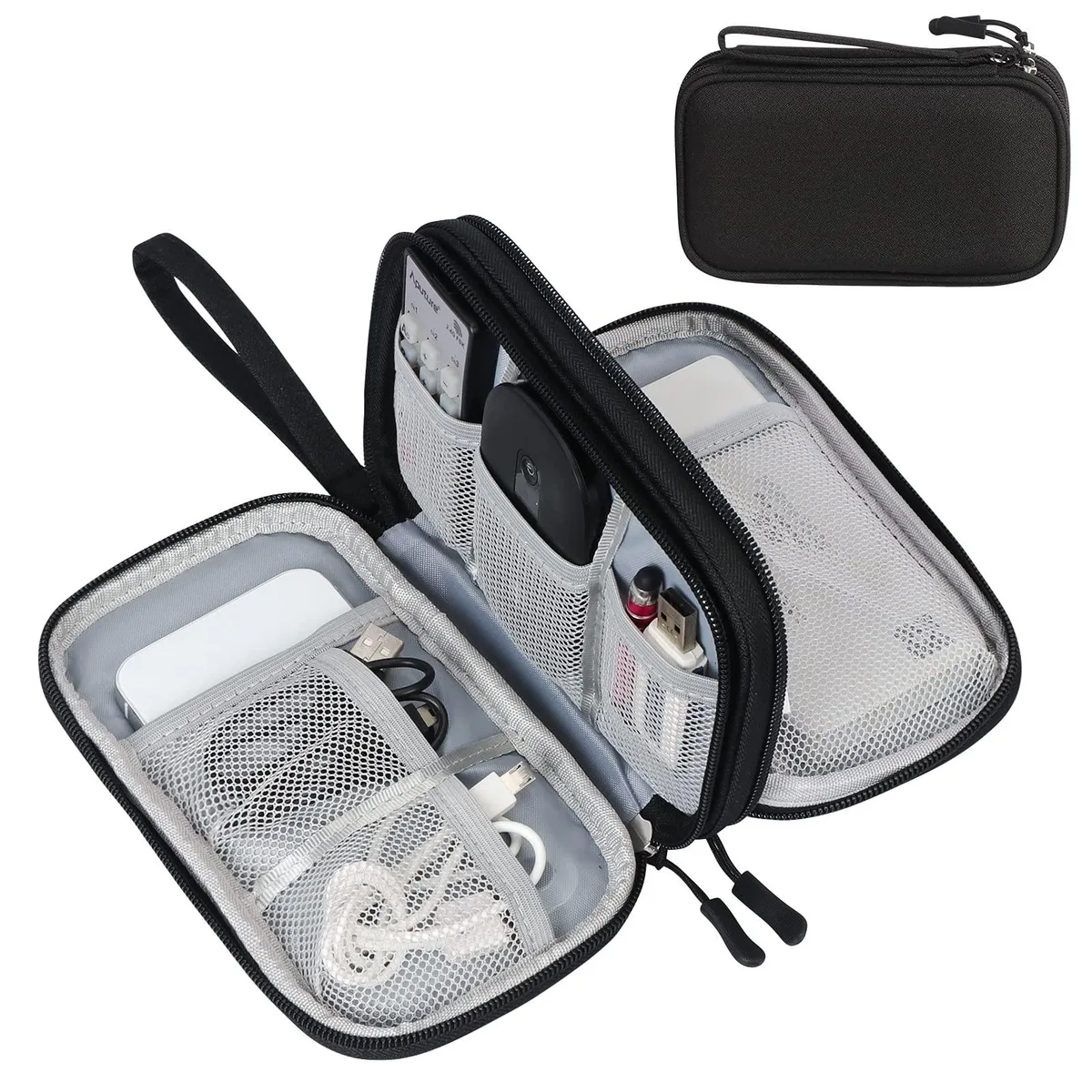 Black rectangular travel pouch with zipper and hand strap