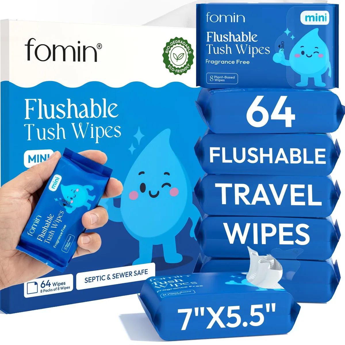 Eight small rectangular packs of unscented flushable wipes, 64 wipes total