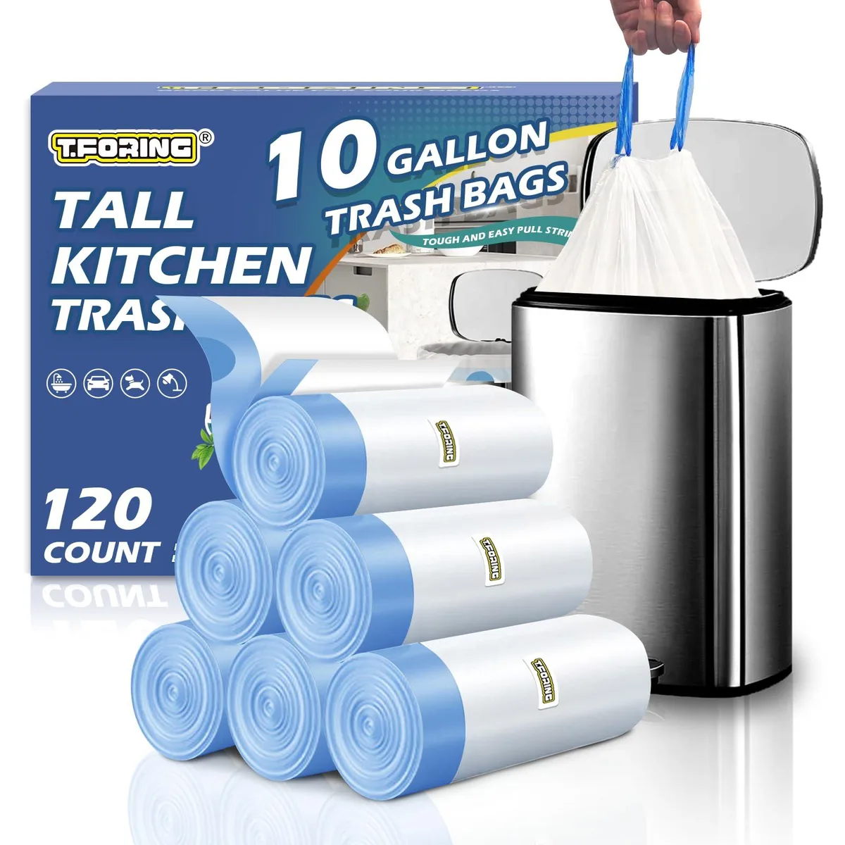 White drawstring trash bags packed in a box, 120 count, 10 gallon capacity