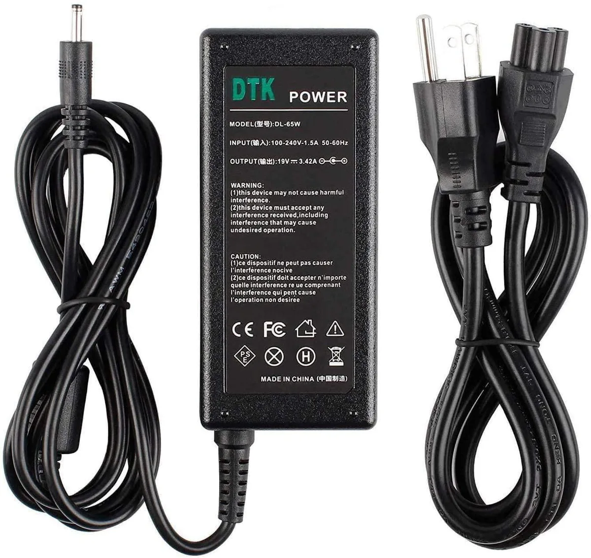 Black rectangular laptop charger with 10-foot cable and 3.0x1.1mm barrel connector