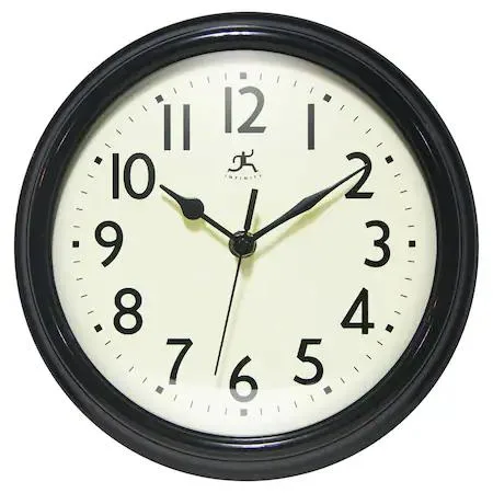 Black plastic wall clock 9.5 inches diameter with black metal hands