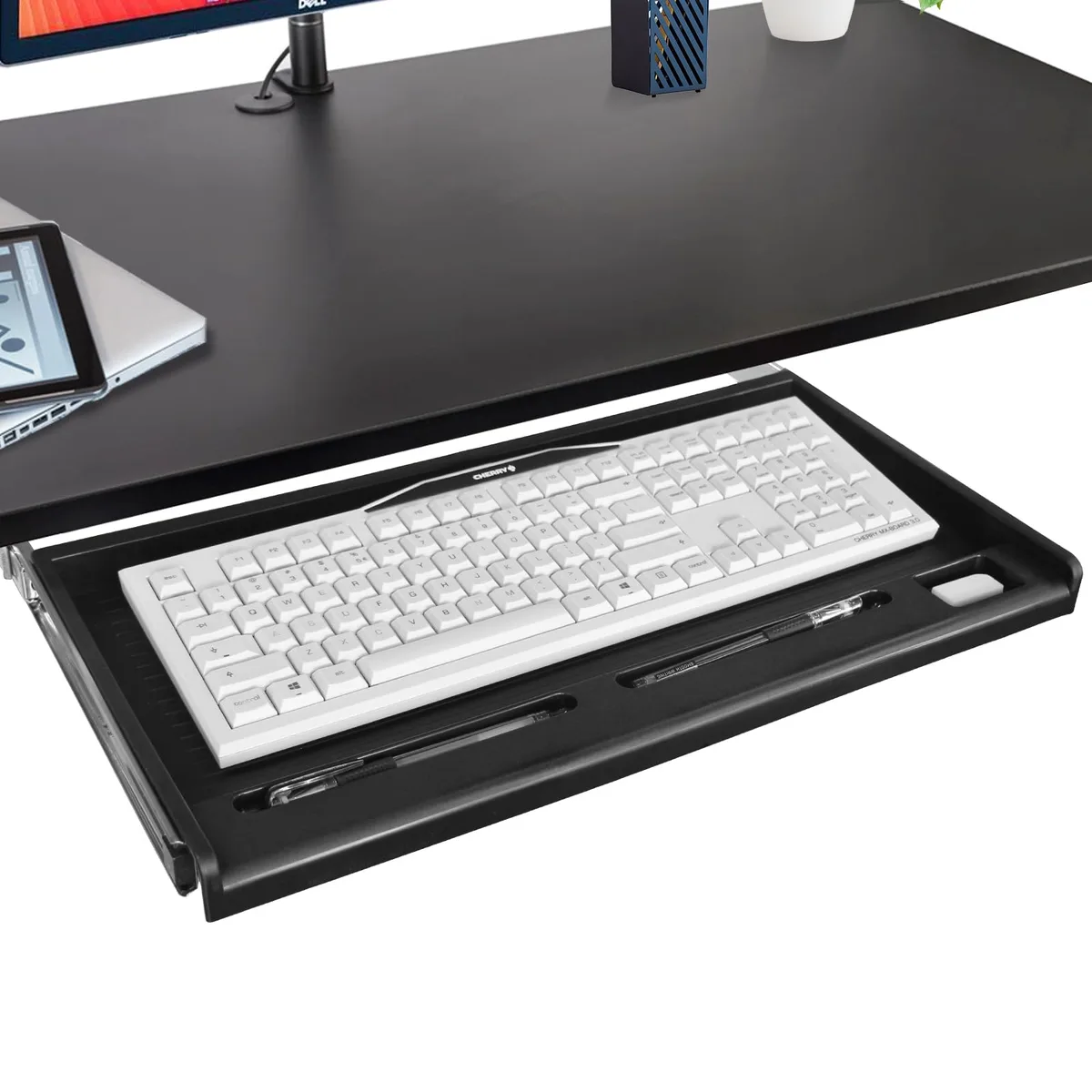 Black plastic keyboard tray with slide rails and pen holders