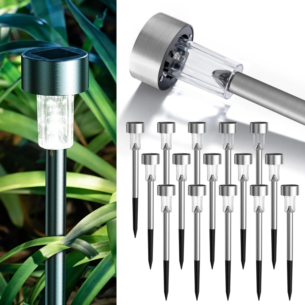 Sixteen stainless steel solar path lights in polished chrome finish with cold white LEDs