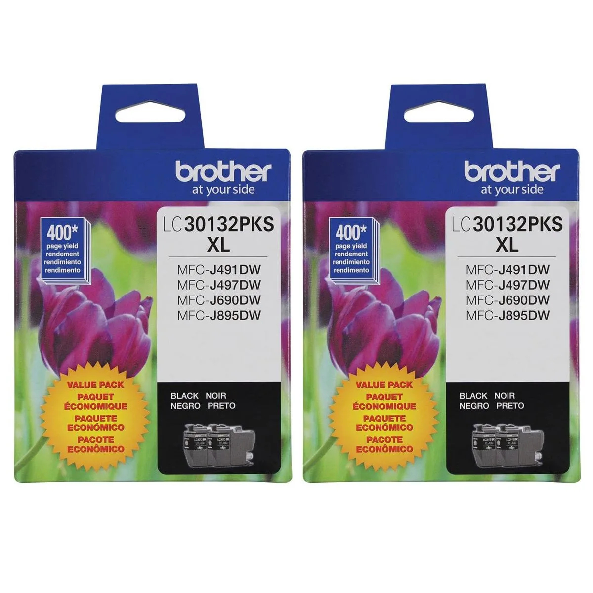 Two rectangular black ink cartridges in sealed packaging