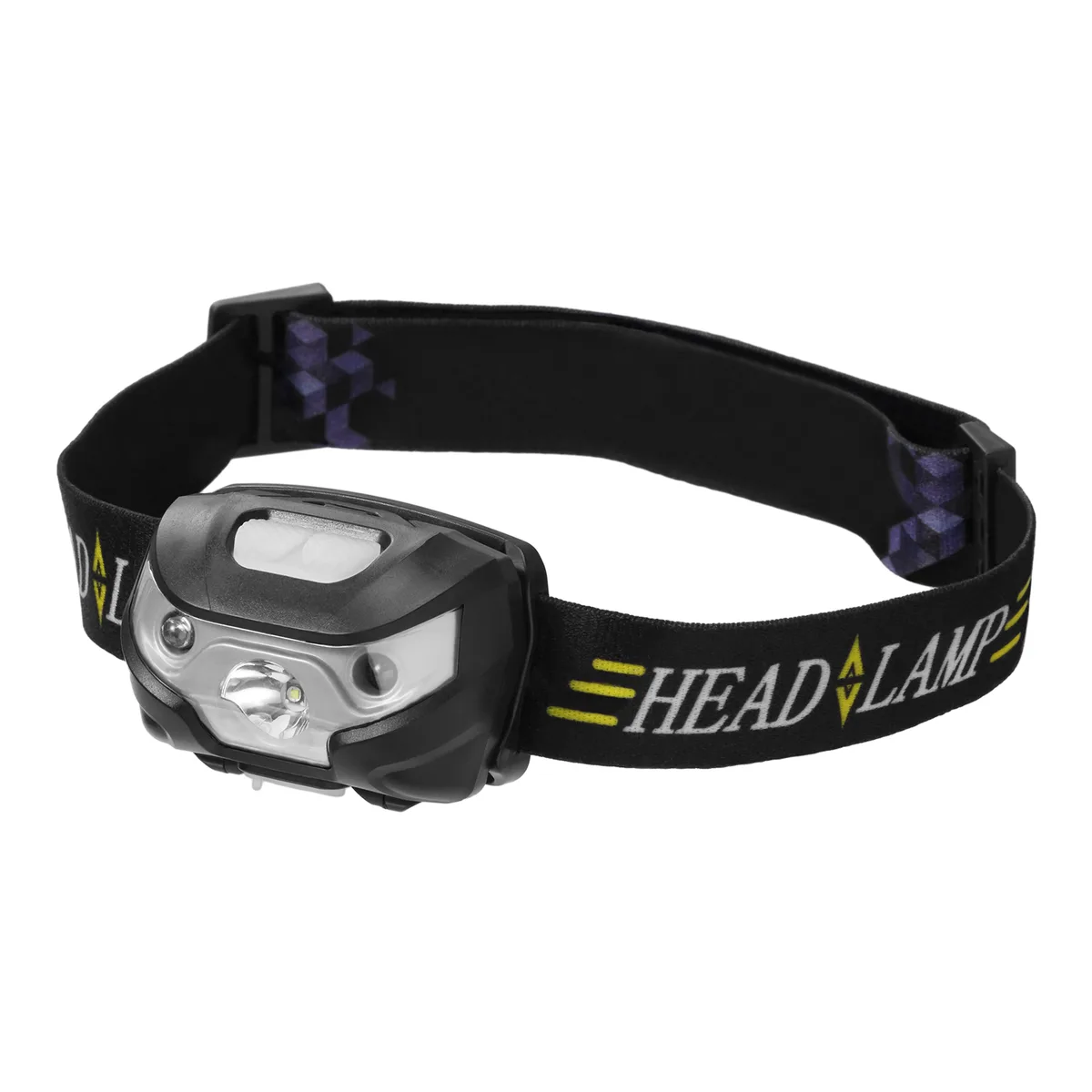 Black LED headlamp with adjustable elastic headband and tiltable light unit