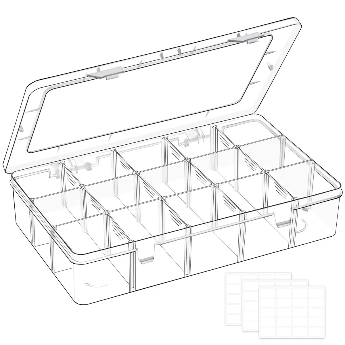 Clear plastic organizer box with 15 adjustable compartments and 60 label stickers