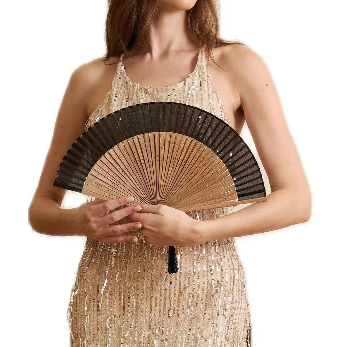 Natural bamboo folding hand fan with black finish, closed in fabric case
