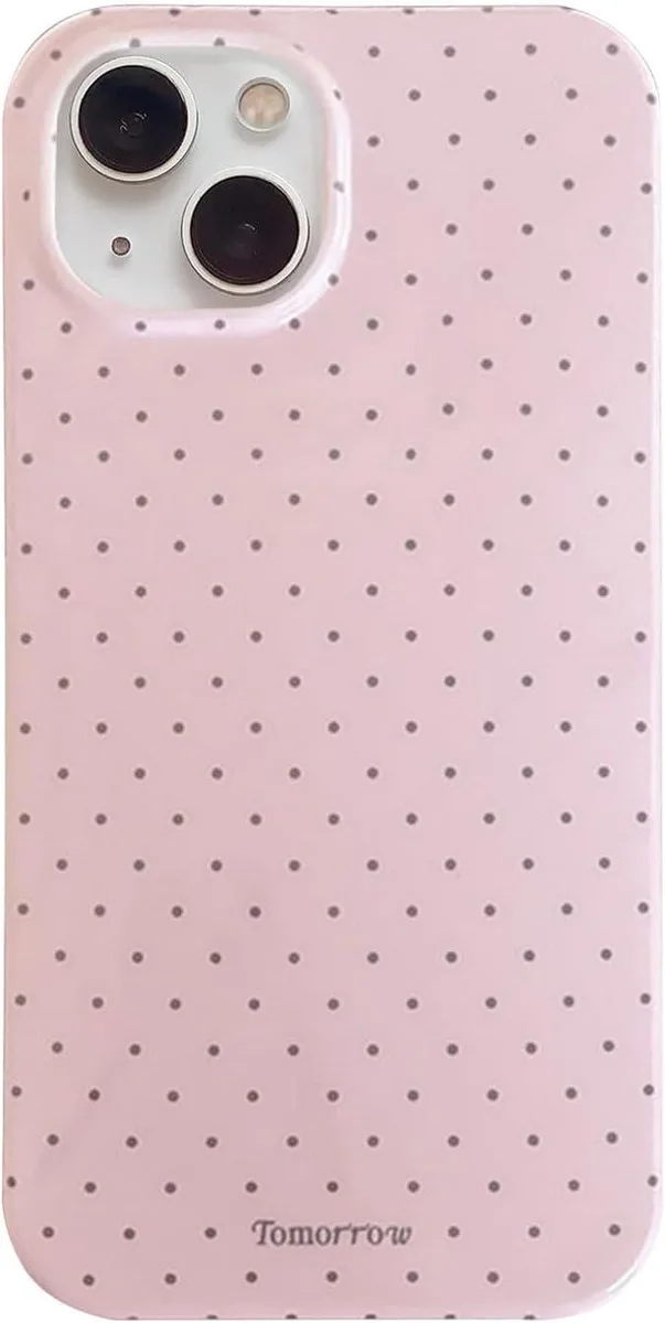 Translucent pink TPU case with white polka dots for iPhone 14 Plus and 15 Plus