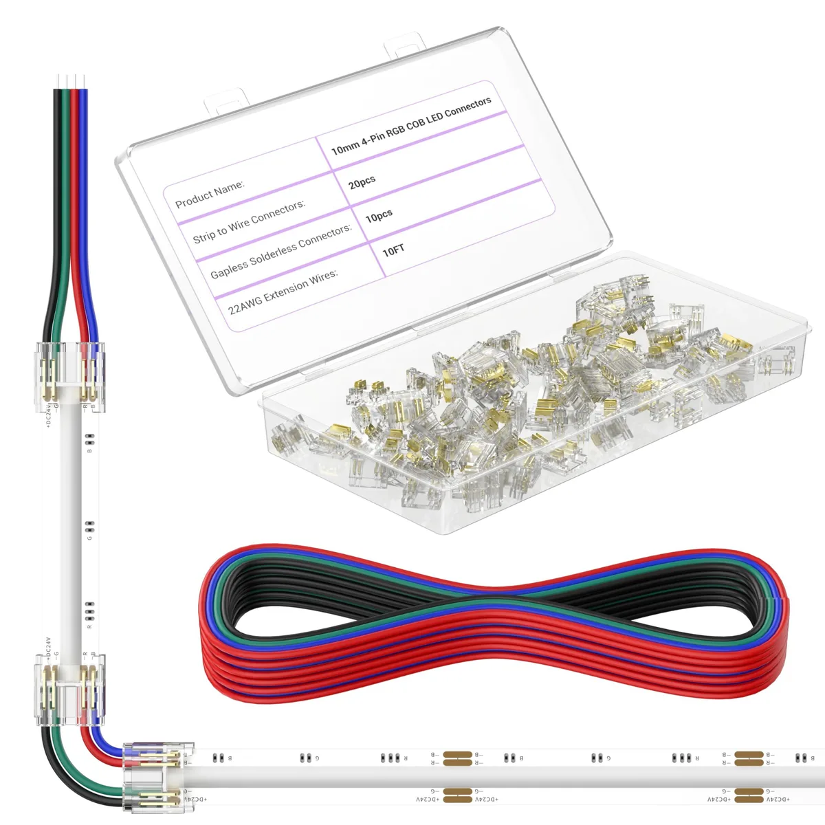 MIWISE 10mm 4-Pin COB LED Strip Connector Kit 20+10PCS 10ft Cable Transparent IP30 — product photo
