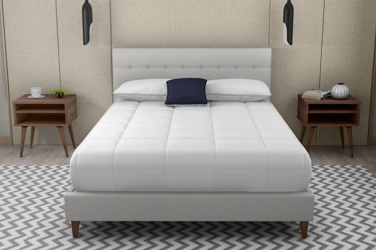 King-size upholstered bed in beige polyester with two light walnut nightstands