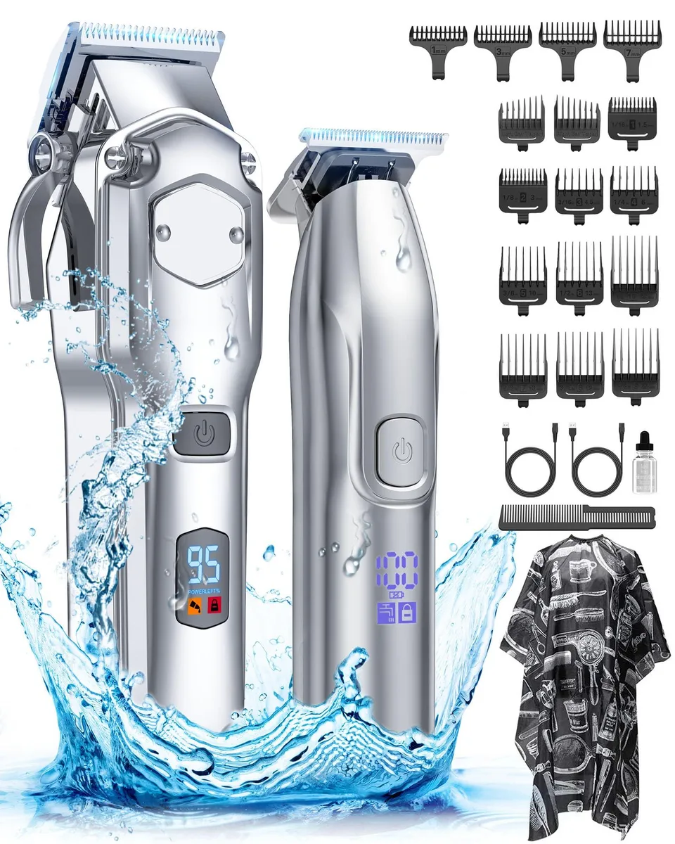 Black cordless hair clipper set with LED display and ten guide combs