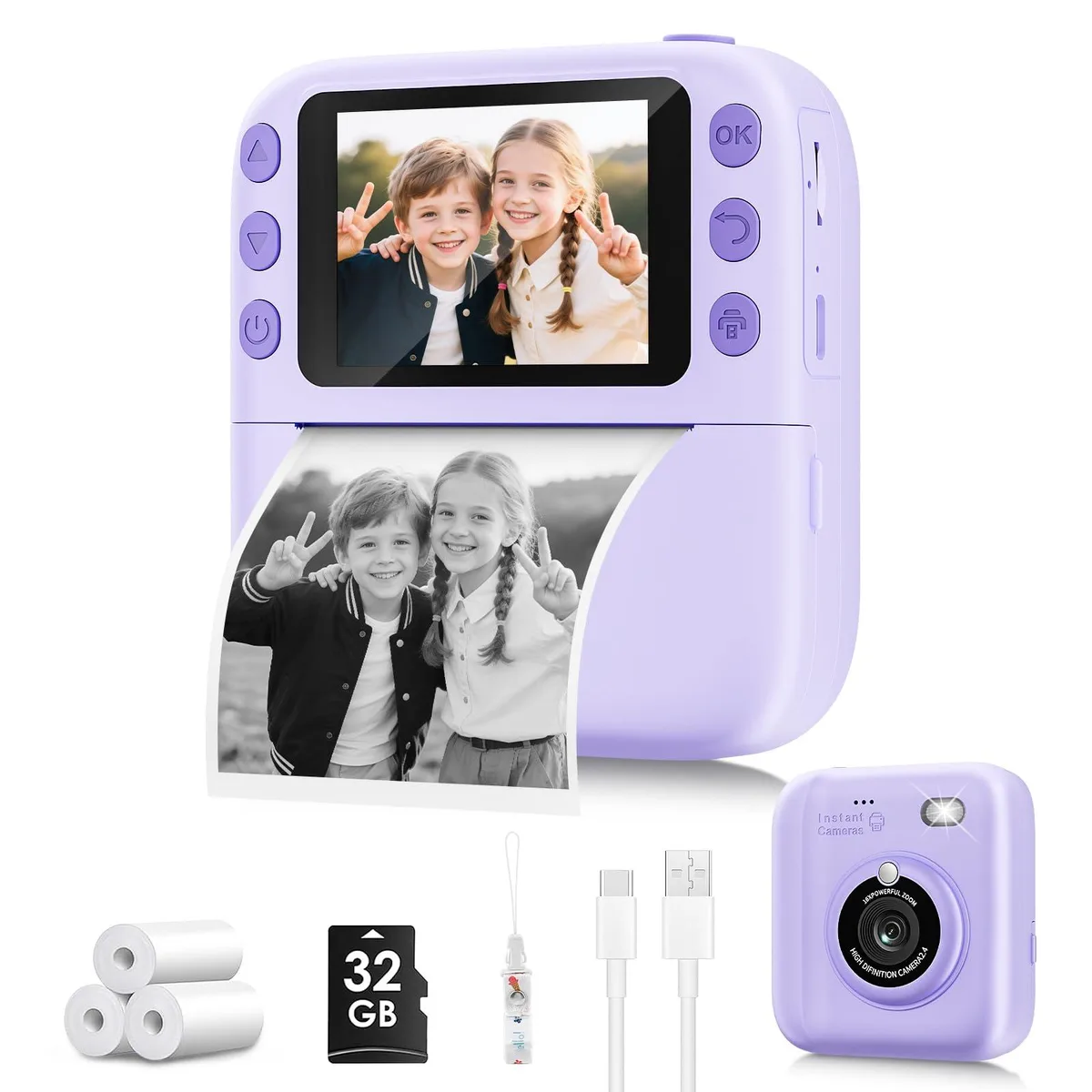 Purple instant-print camera with lanyard and 32GB card