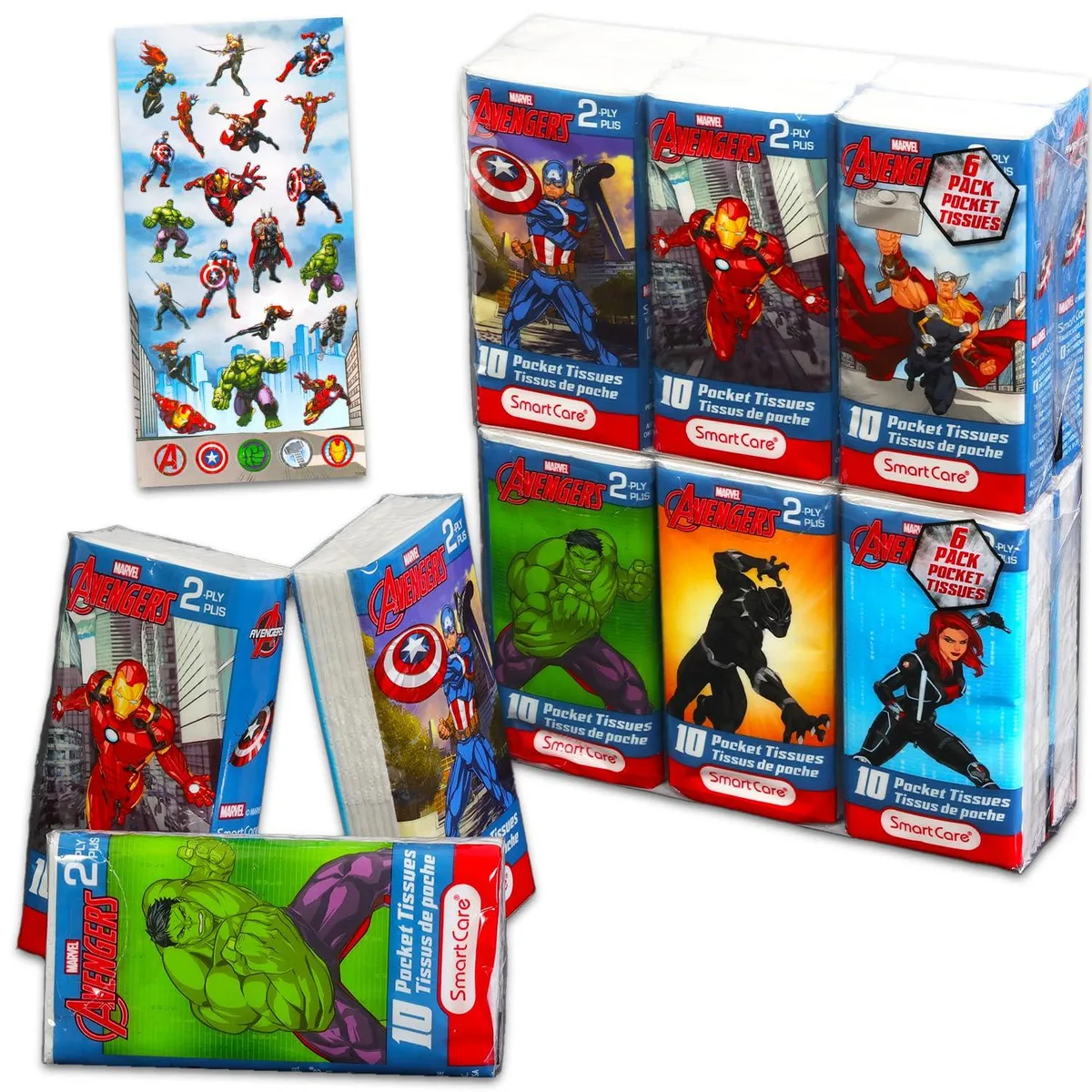Twelve white rectangular pocket tissue packs with Avengers graphics plus sticker sheet