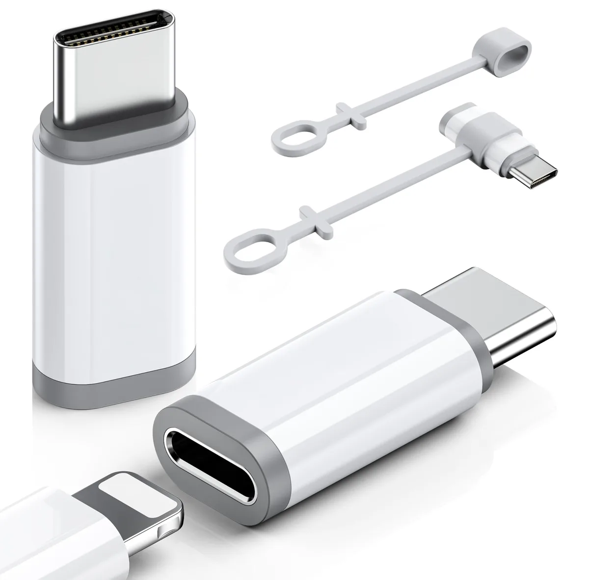 Two white Lightning to USB-C adapters side by side