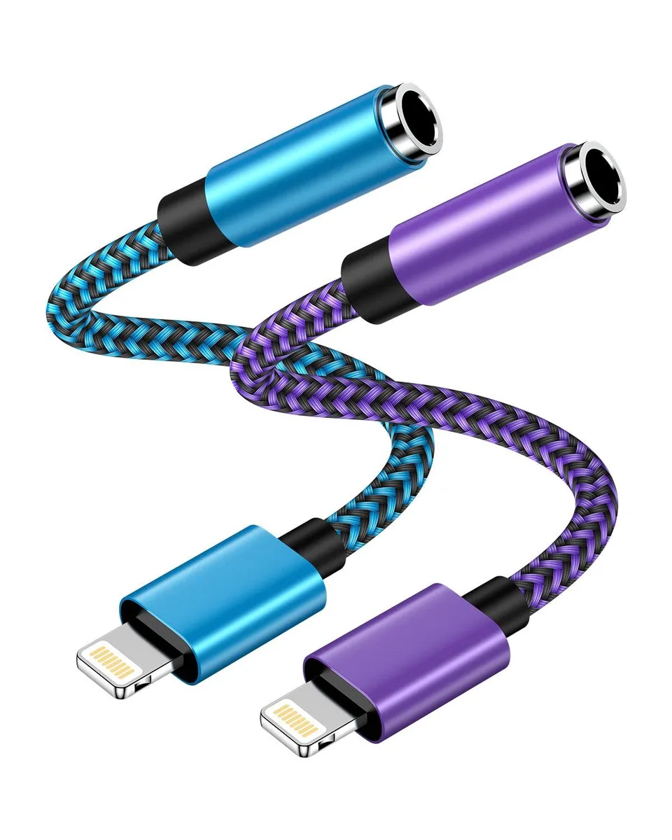 Two white braided Lightning to 3.5 mm adapters, male-to-female, coiled together