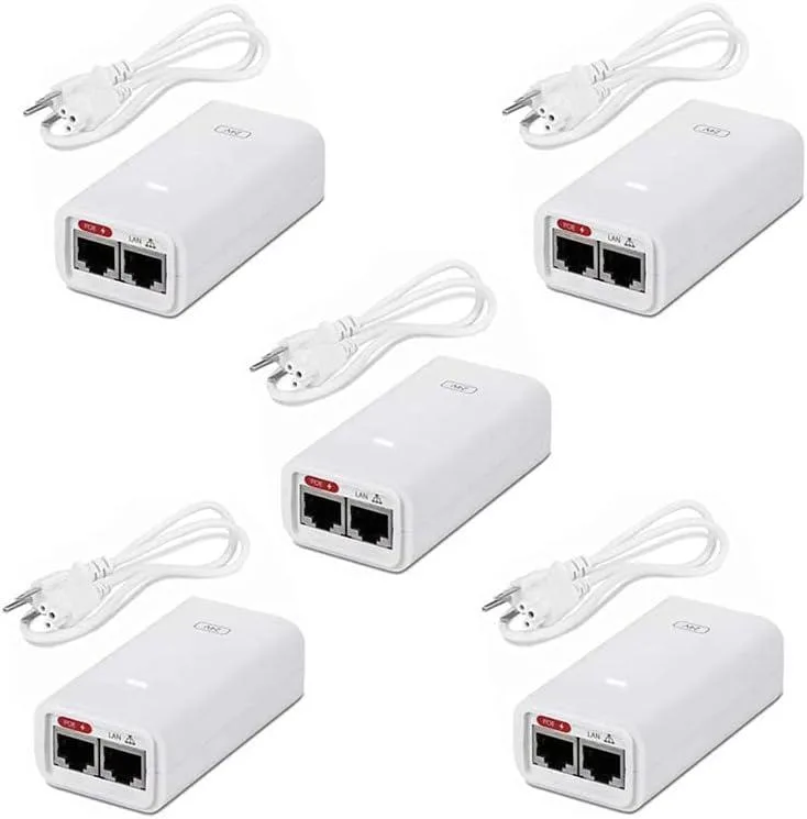 White rectangular PoE injector with US plug and Ethernet ports