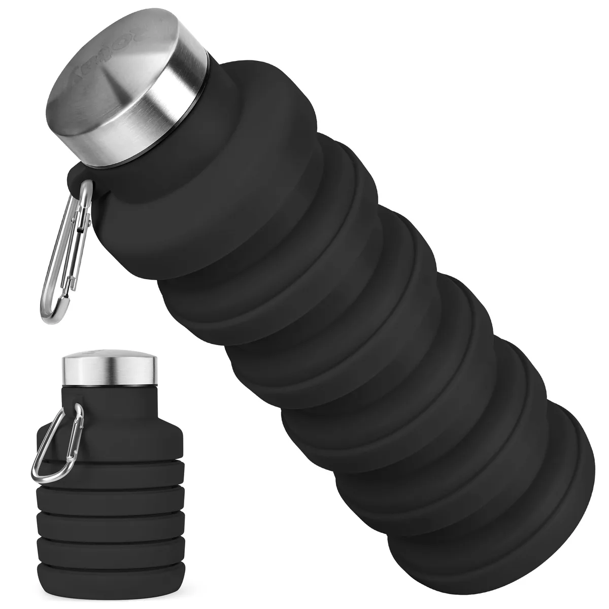Black collapsible silicone water bottle with stainless steel lid and carabiner clip, shown expanded to full height