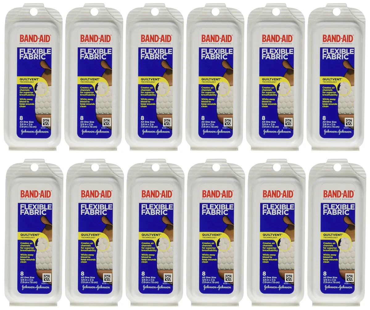 Twelve cardboard packs of fabric adhesive bandages, ninety-six total, flexible stretch material visible