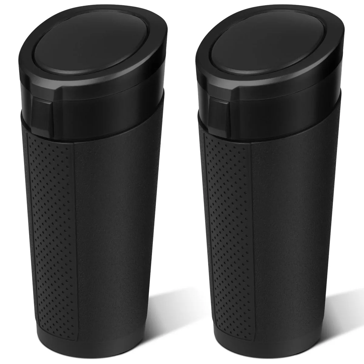 Three white cylindrical car trash cans with push-button lids