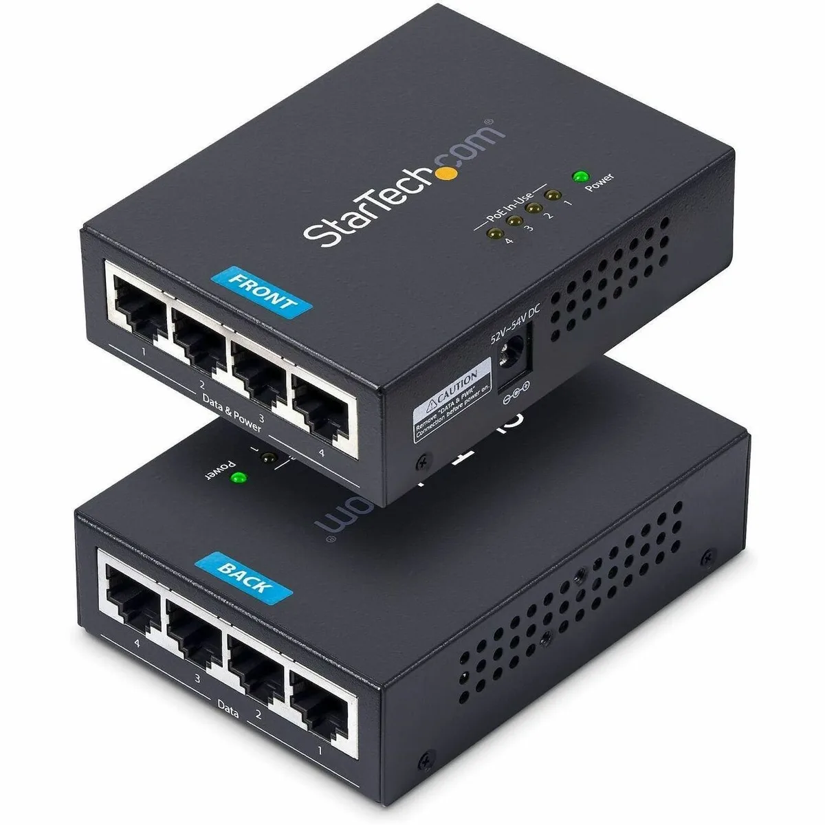 A black rectangular four-port PoE injector with status LEDs and a power socket