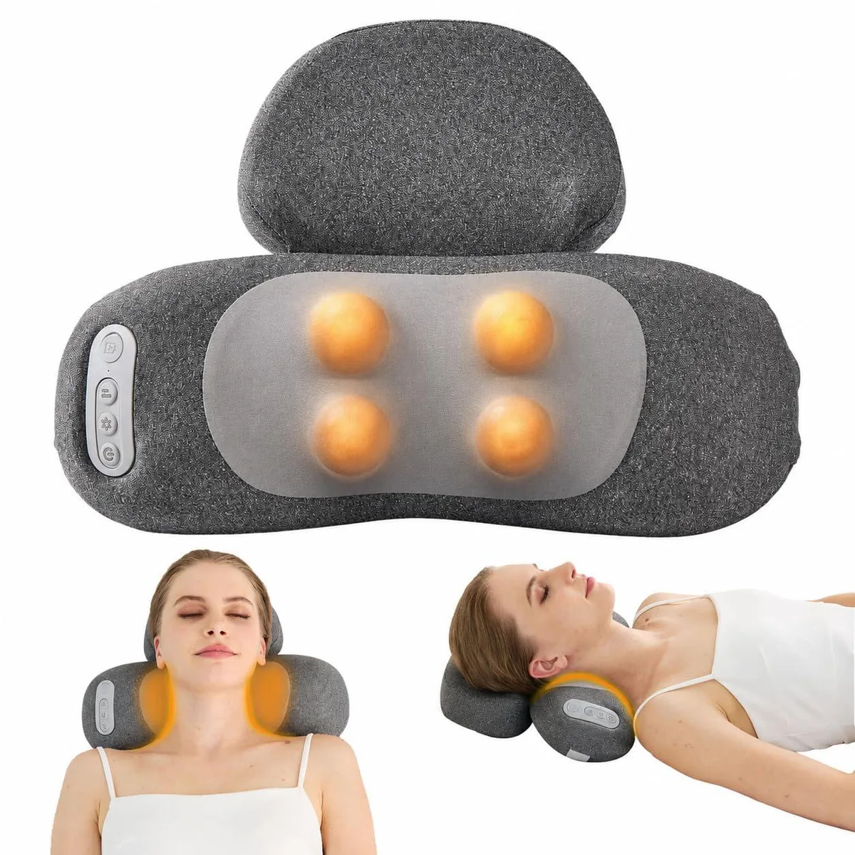 Dark gray U-shaped neck massage pillow with 4D kneading nodes, memory foam, battery powered