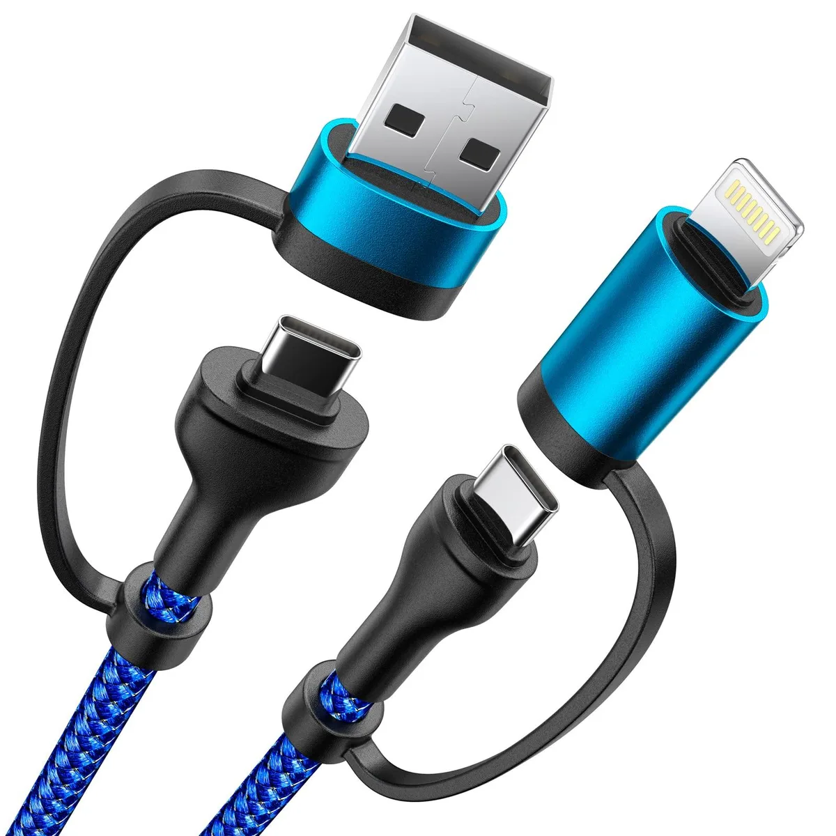 Blue 6ft 4-in-1 USB-A/C charging cable with multiple connector tips