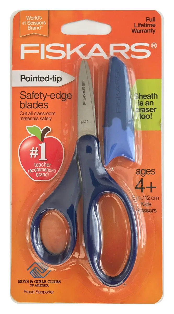 Blue 5-inch kids scissors with pointed safety tips and blade cover