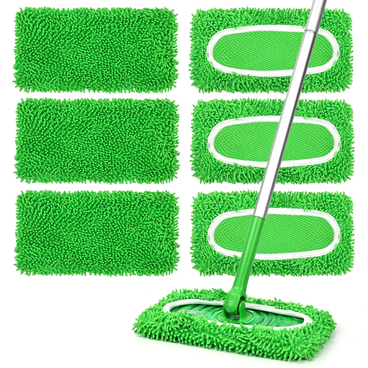 Six white microfiber mop pads in rectangular pack