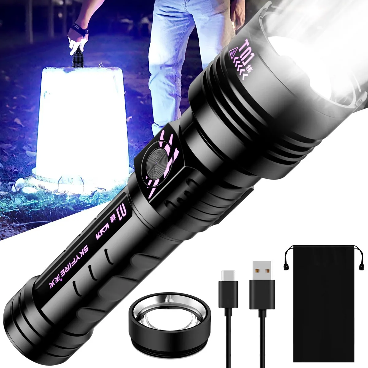Black rectangular tactical flashlight with ignition lens, aluminum body, 1.37 pounds
