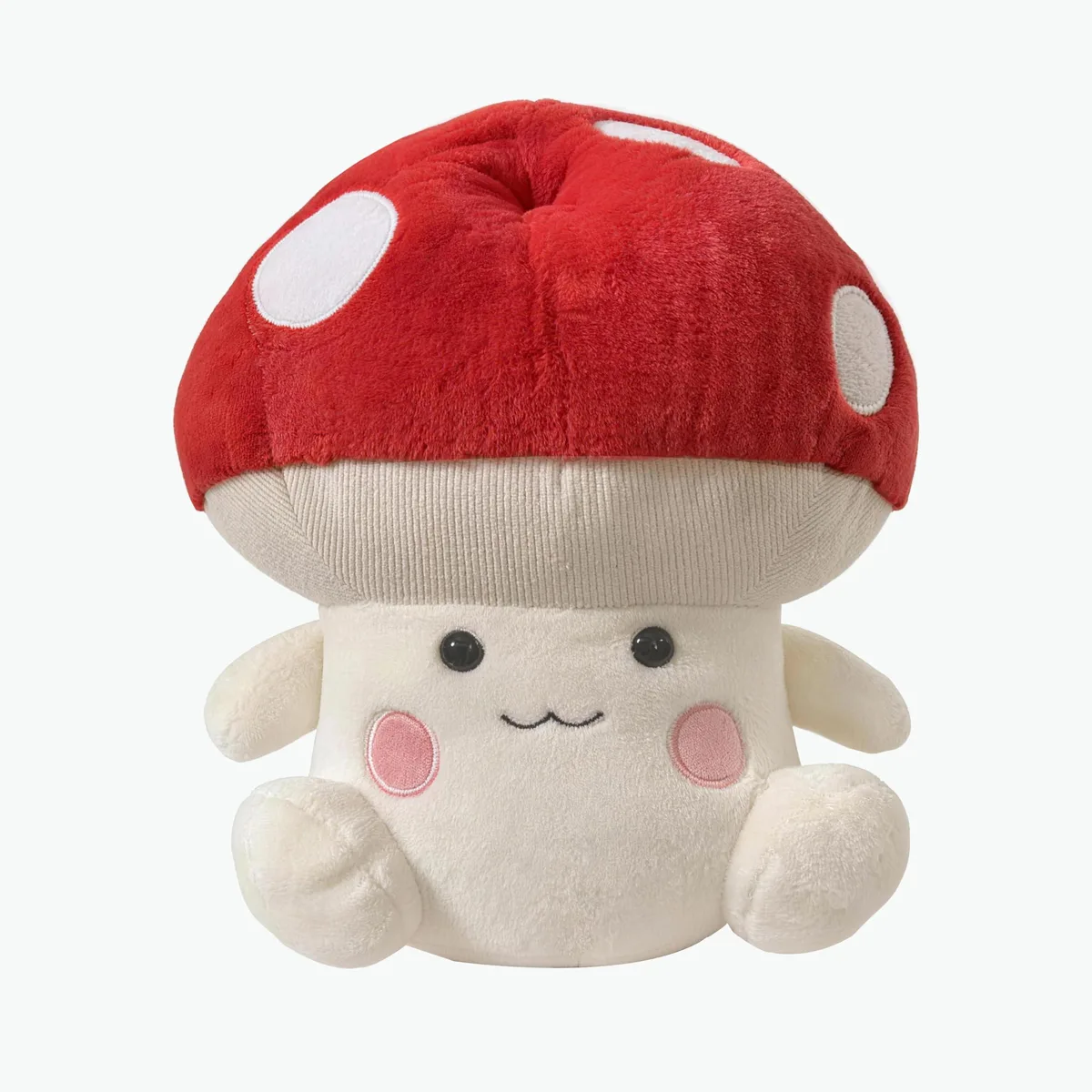 Round red mushroom plush pillow, soft fabric, white spotted cap, smiling face, 35cm wide