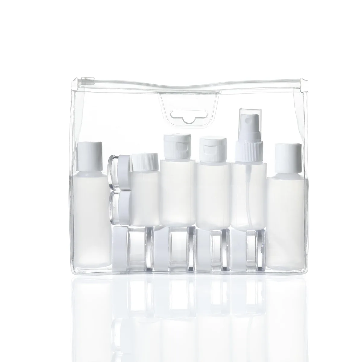 Clear acrylic travel bottles and jars in a transparent zip-lock pouch, 13 piece set