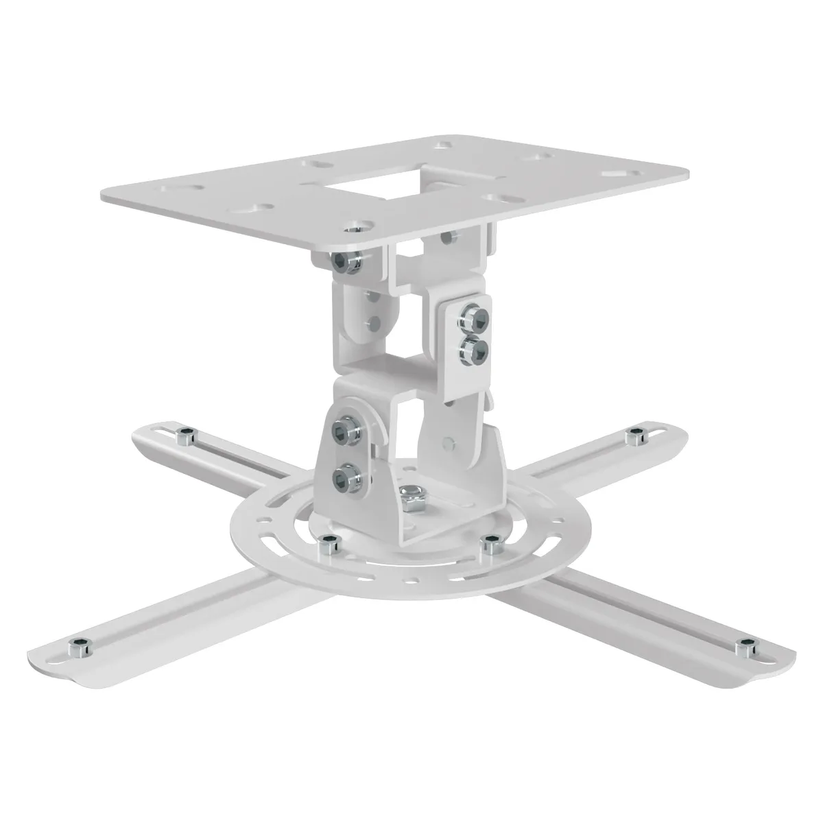 White low-profile ceiling mount with retractable arms, adjustable tilt and swivel, holds 30lbs