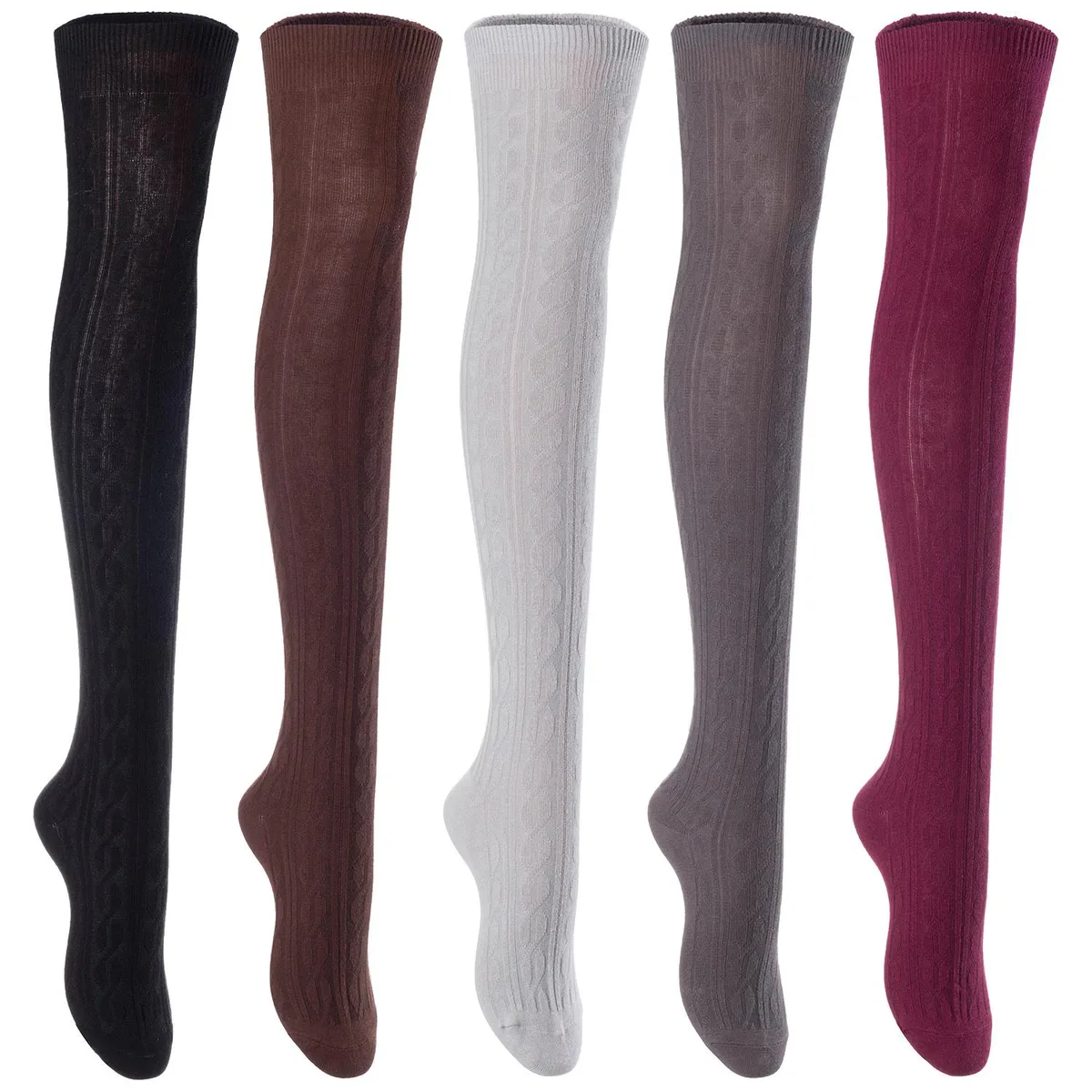 Five pairs of thigh-high cotton socks in black coffee grey dark green and wine