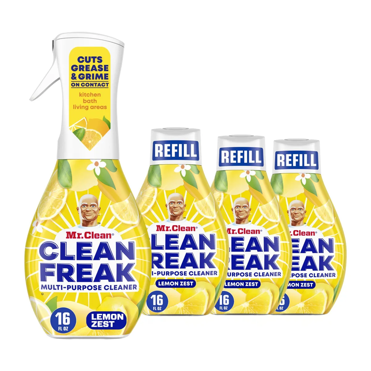 Mr Clean Clean Freak starter kit with one spray bottle and three refill bottles lemon zest scent