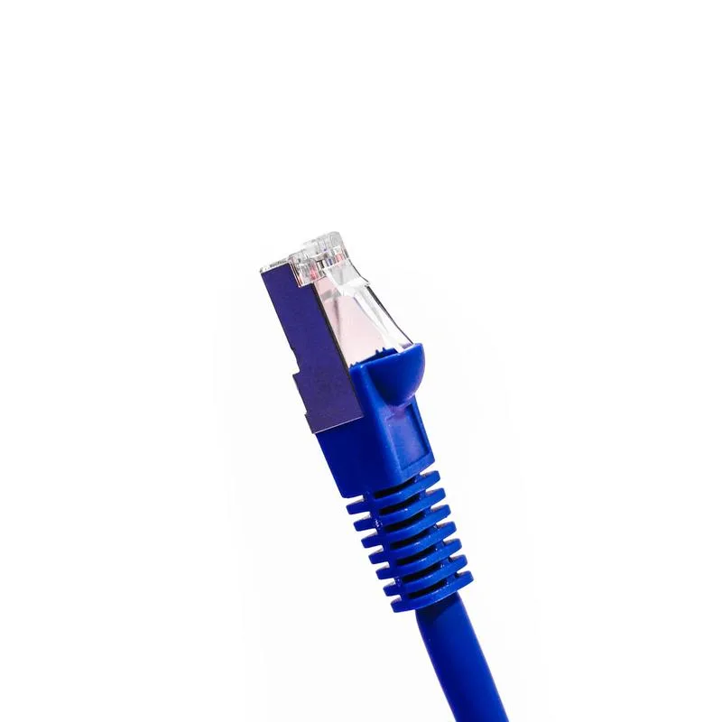 Blue shielded Cat5E Ethernet patch cable, 20 ft, RJ45 connectors, snagless boots