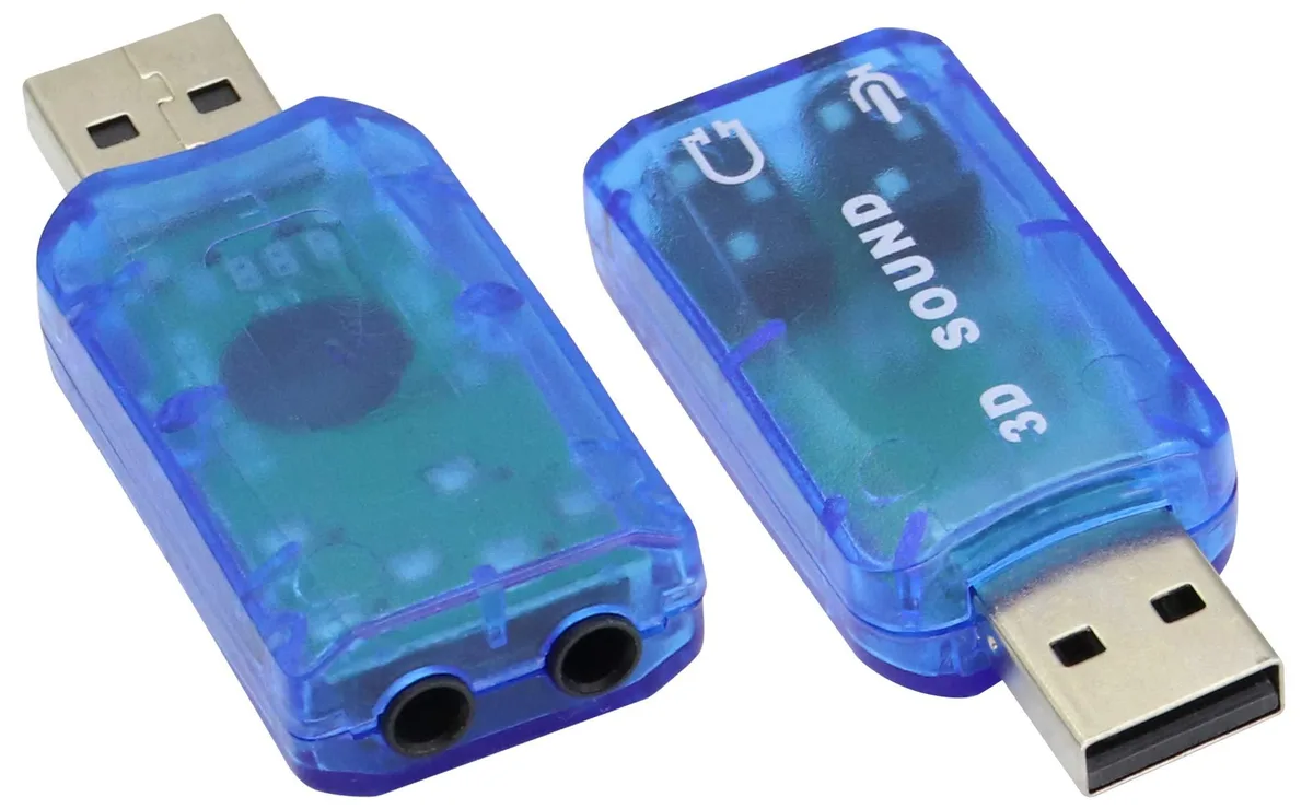 Two small blue USB audio adapters with 3.5mm jacks