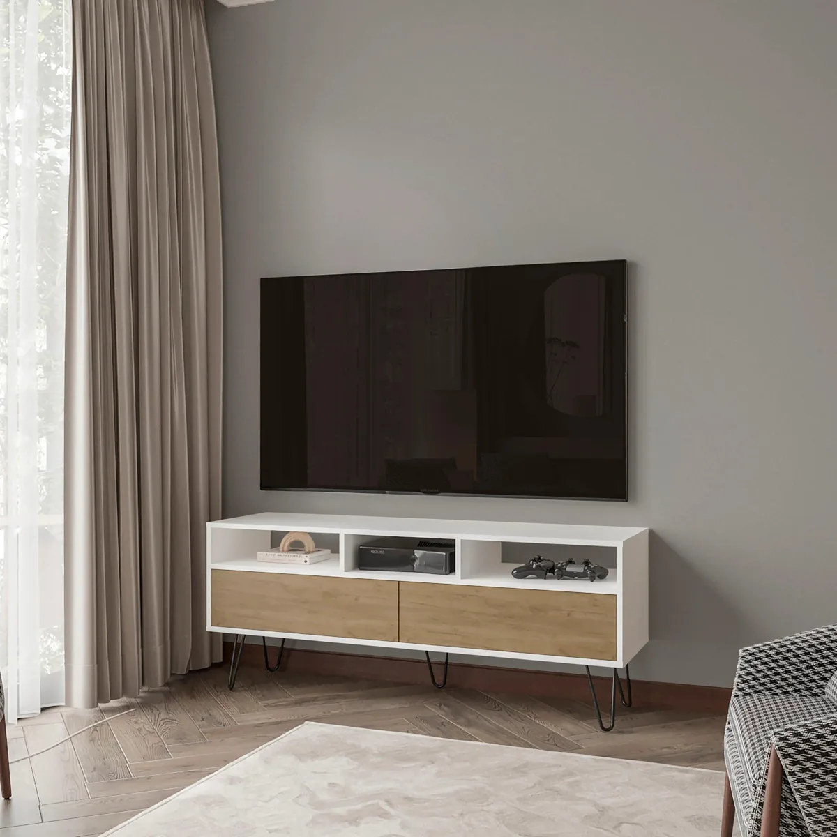 White and natural oak rectangular TV stand with two doors and open shelves